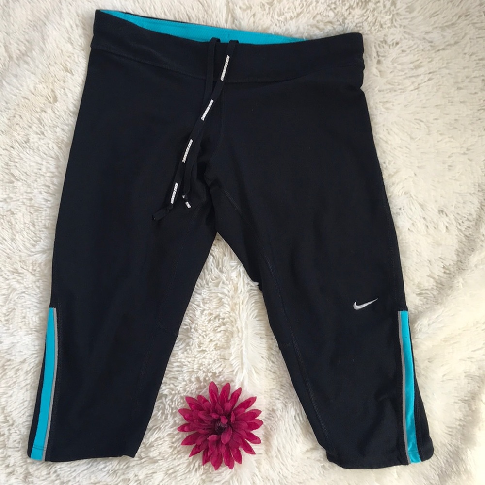 NIKE Dri-Fit RUNNING BLACK BLUE CROP LEGGINGS S
